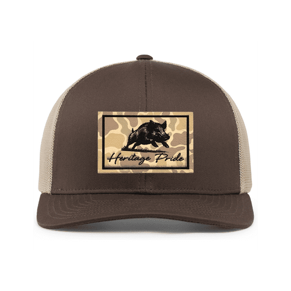 Heritage Pride Heritage Pride Running Boar Outdoors Hunting Engraved Camo Leather Patch Mesh Back Trucker Hat, Brown/Khaki