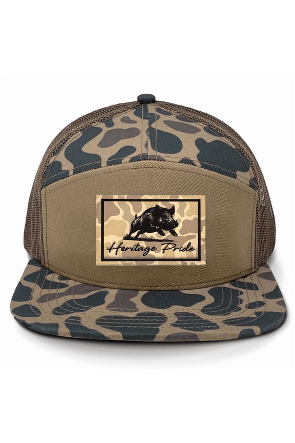 Running Boar Outdoors Hunting Engraved Camo Leather Patch Mesh Back Trucker Hat, Delta/Chocolate