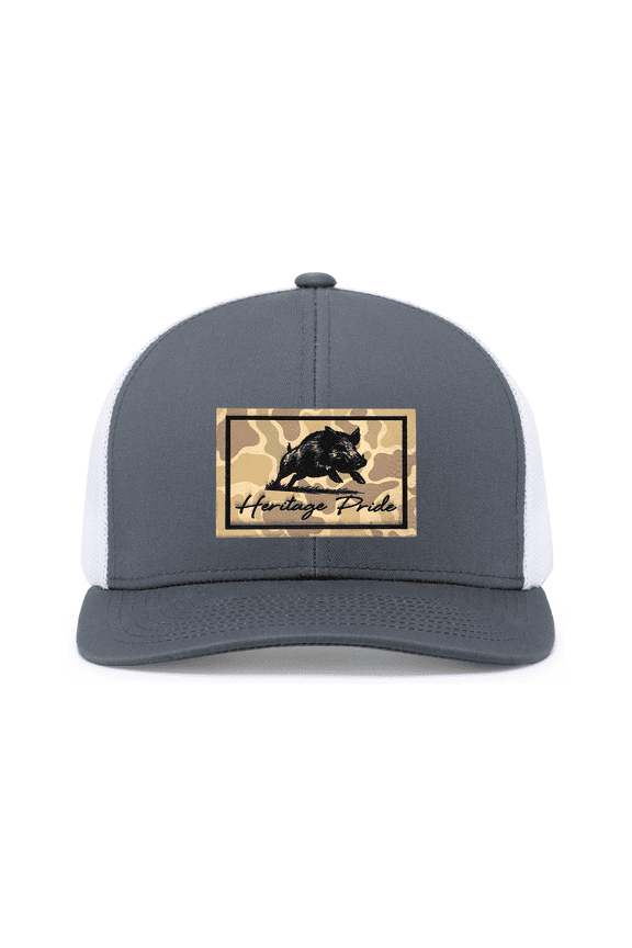 Running Boar Outdoors Hunting Engraved Camo Leather Patch Mesh Back Trucker Hat, Graphite/White