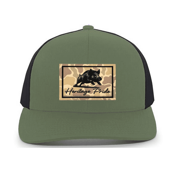 Heritage Pride Heritage Pride Running Boar Outdoors Hunting Engraved Camo Leather Patch Mesh Back Trucker Hat, Loden/Black