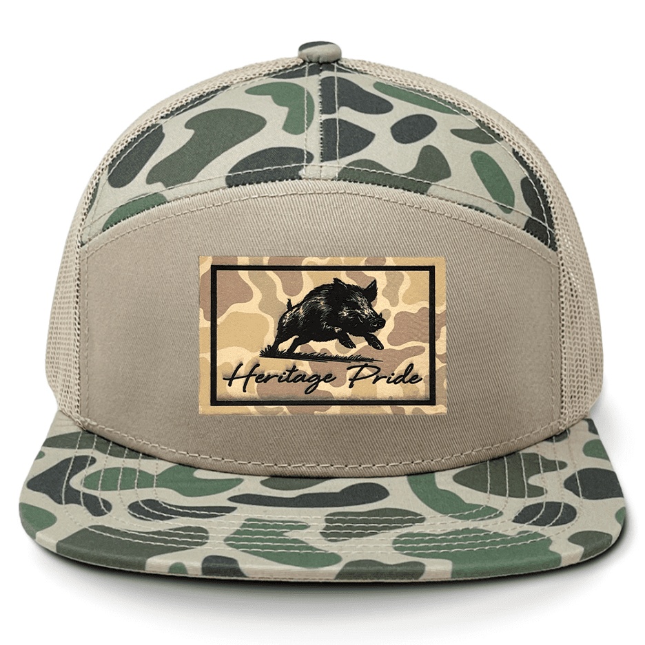 Heritage Pride Heritage Pride Running Boar Outdoors Hunting Engraved Camo Leather Patch Mesh Back Trucker Hat, Marsh/Sand
