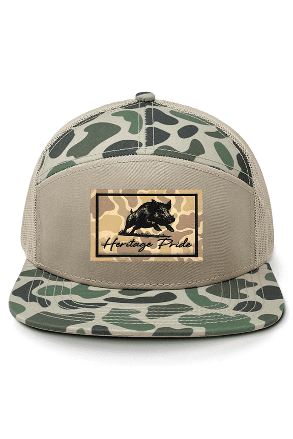 Running Boar Outdoors Hunting Engraved Camo Leather Patch Mesh Back Trucker Hat, Marsh/Sand