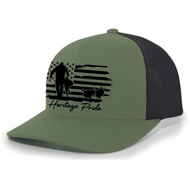 Heritage Pride Hunter with Wild Turkey Distressed American Flag Mens Embroidered Mesh Back Trucker Hat, Loden/Black