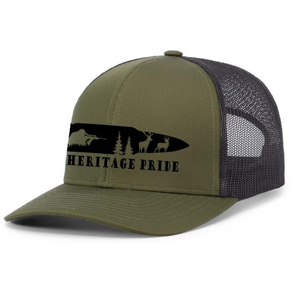 Heritage Pride Hunting Outdoors Scenic Bullet Shooting Mens Embroidered Mesh Back Trucker Hat, Loden/Black