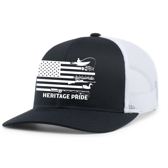 Heritage Pride Hunting and Fishing Outdoors American Flag Mens Embroidered Mesh Back Trucker Hat, Navy/White