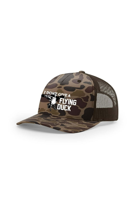Heritage Pride I Don't Give A Flying Duck Mesh Back Embroidered Trucker Hat Baseball Cap, Bark Duck Camo/Brown