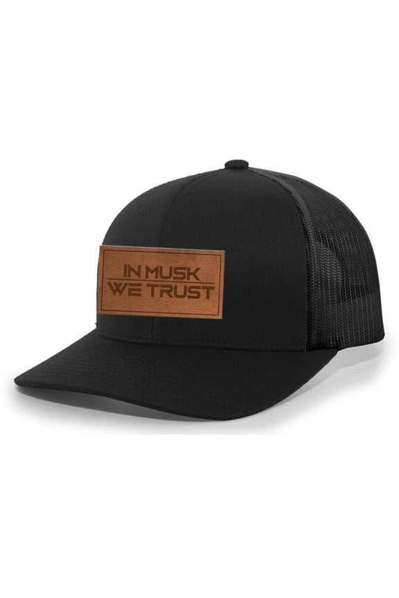 Heritage Pride In Musk We Trust Elon Laser Engraved Leather Patch Mesh Back Trucker Hat, Black/Black