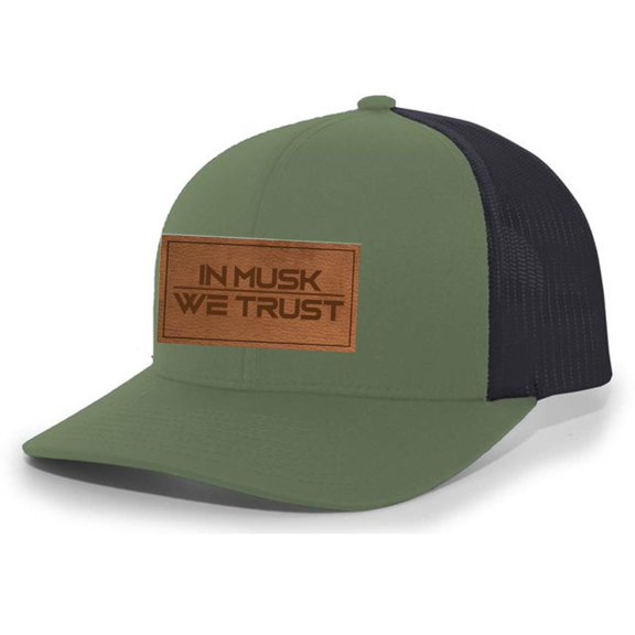 Heritage Pride In Musk We Trust Elon Laser Engraved Leather Patch Mesh Back Trucker Hat, Loden/Black