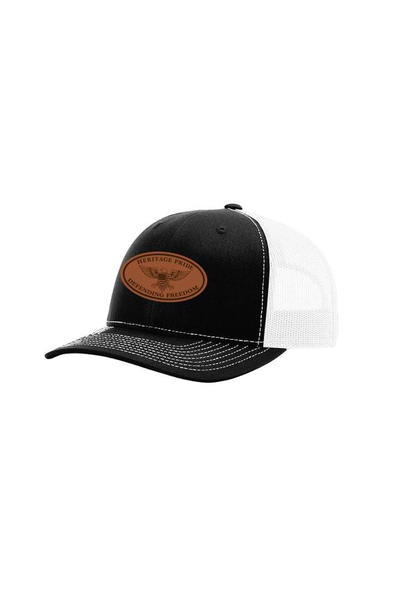 Laser Engraved Leather Patch Defending Freedom Collection Mesh Back Trucker Hat, Black/White