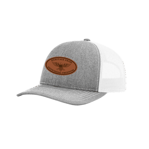Heritage Pride Laser Engraved Leather Patch Defending Freedom Collection Mesh Back Trucker Hat, Heather Grey/White