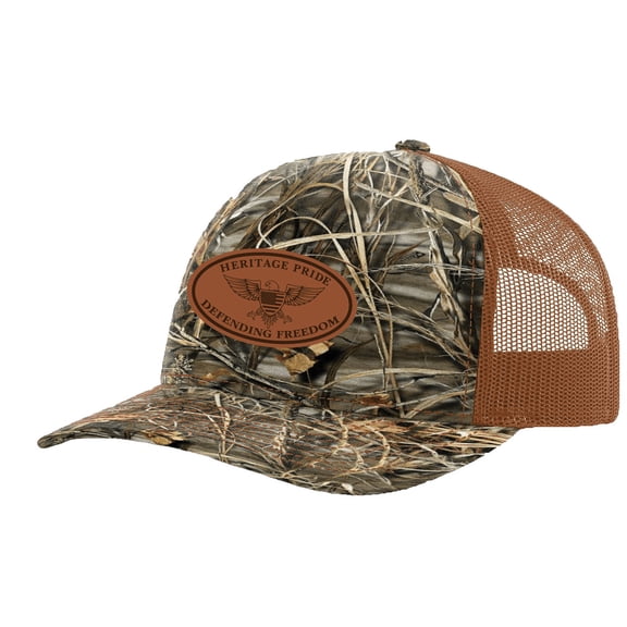 Heritage Pride Laser Engraved Leather Patch Defending Freedom Collection Mesh Back Trucker Hat, Realtree Max 5/Buck