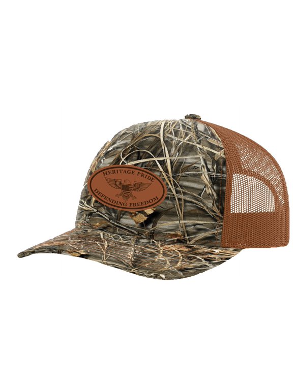 Laser Engraved Leather Patch Defending Freedom Collection Mesh Back Trucker Hat, Realtree Max 5/Buck