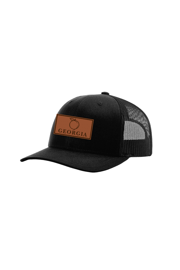 Laser Engraved Leather Patch Georgia Peach Mesh Back Trucker Hat, Black/Black