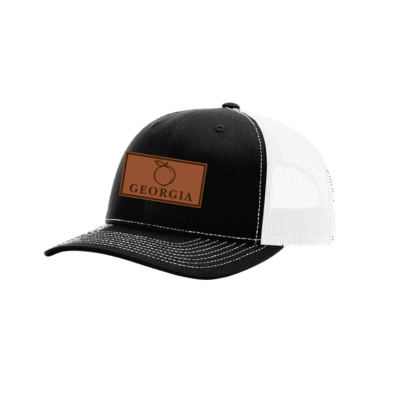 Heritage Pride Laser Engraved Leather Patch Georgia Peach Mesh Back Trucker Hat, Black/White