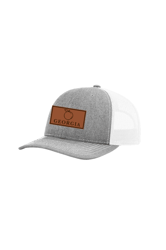Laser Engraved Leather Patch Georgia Peach Mesh Back Trucker Hat, Heather Grey/White