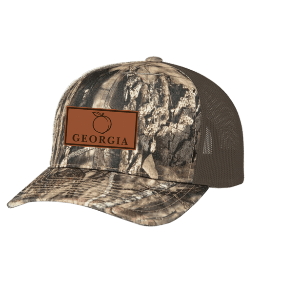 Heritage Pride Laser Engraved Leather Patch Georgia Peach Mesh Back Trucker Hat, Realtree Max 5/Buck