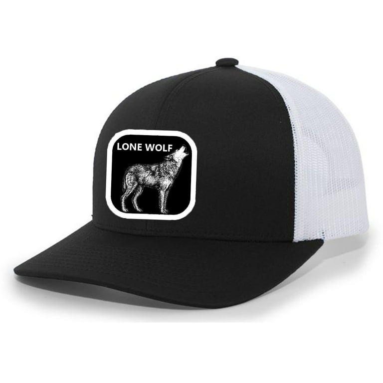 Heritage Pride Lone Howling Wolf Hat Animal Embroidered Mesh Back Trucker  Hat, Black/White 