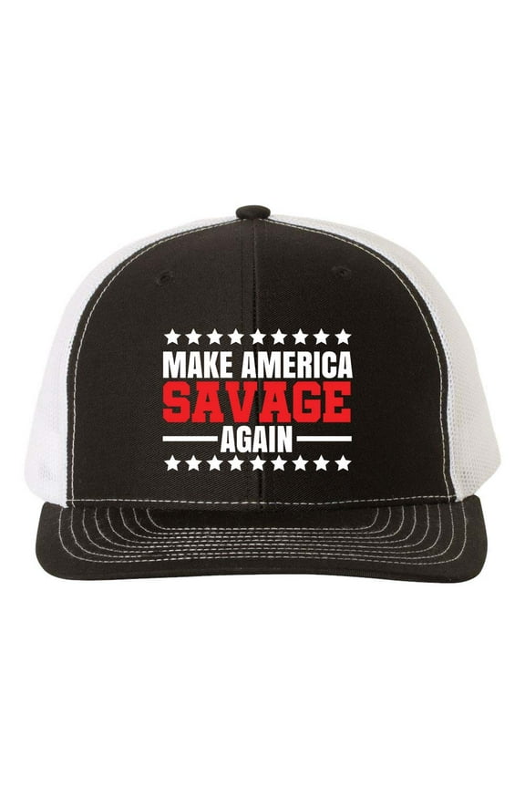 Make America Savage Again Embroidered Mens Mesh Back Trucker Hat, Black/White