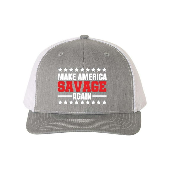 Heritage Pride Make America Savage Again Embroidered Mens Mesh Back Trucker Hat, Heather Grey/White