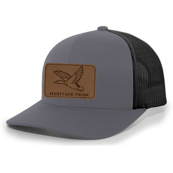 Heritage Pride Mallard Duck Laser Engraved Leather Mens Trucker Hat Baseball Cap, Charcoal/Black