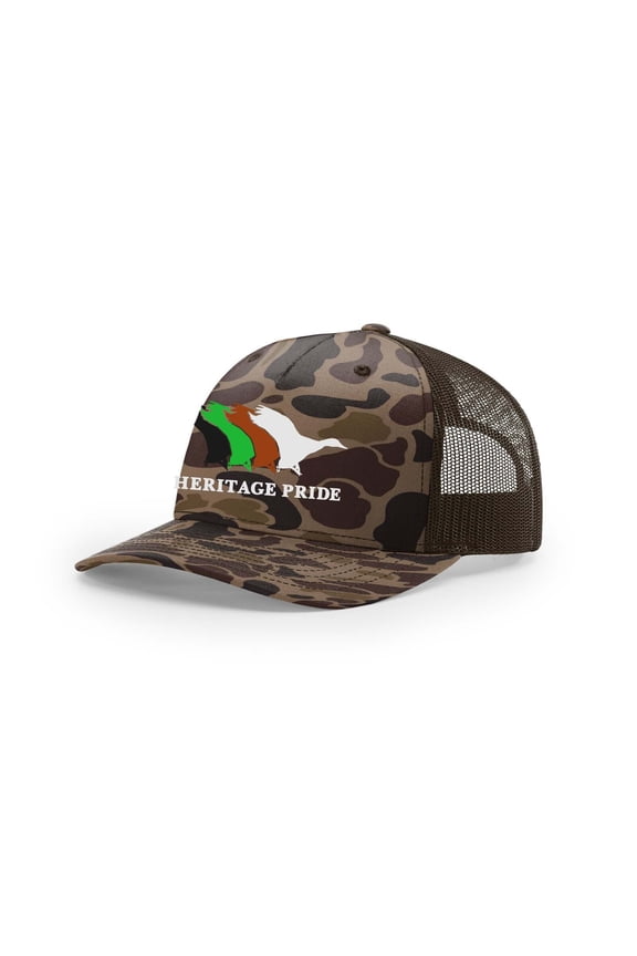 Heritage Pride Mallard Retro Duck Line Mesh Back Embroidered Trucker Hat Baseball Cap, Bark Duck Camo/Brown