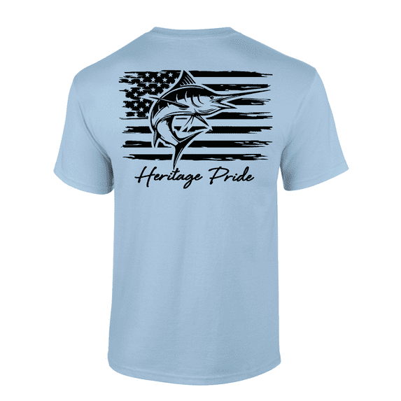 Heritage Pride Marlin Deep Sea Fishing American Flag Short Sleeve T-shirt-Light Blue-medium