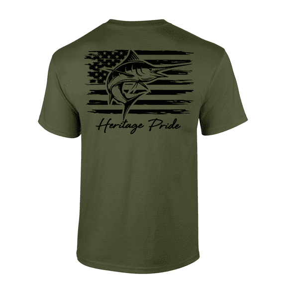 Heritage Pride Marlin Deep Sea Fishing American Flag Short Sleeve T-shirt-Military Green-xxl