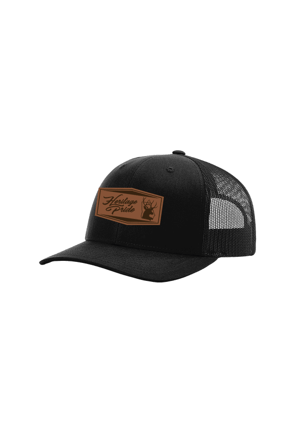 Men's Buck Head Laser Engraved Leather Patch Mesh Back Trucker Hat, Black/Black