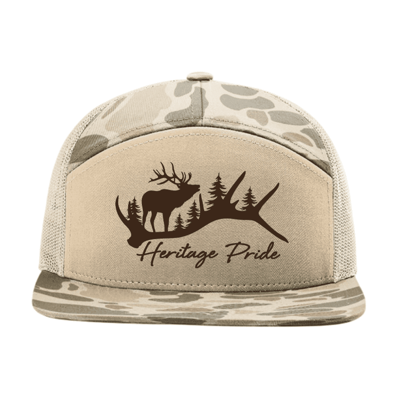 Heritage Pride Men's Camo Trucker Hat - Elk Antler Hunting Camouflage Snapback Cap, Harvest Duck Camo/Sandstone