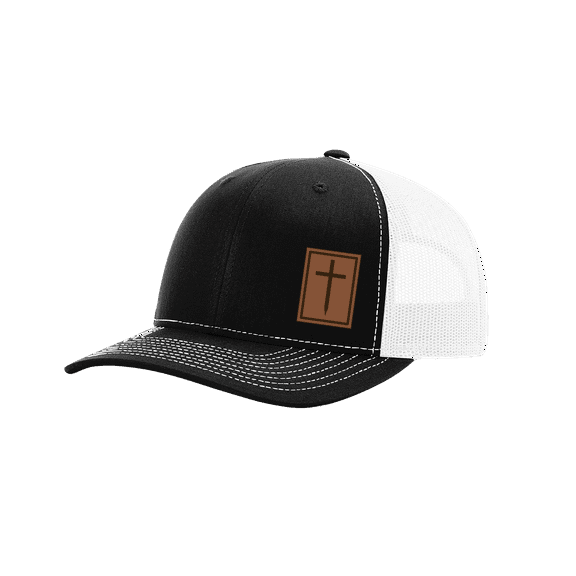 Heritage Pride Men's Christian Cross Worship Prayer God Laser Engraved Leather Patch Mesh Back Trucker Hat, Black/White