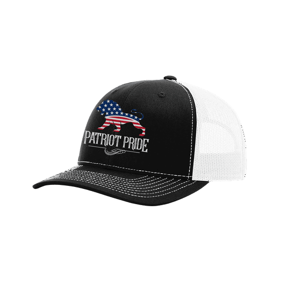 Heritage Pride Men's Embroidered American Flag Lion American Patriot Pride Mesh Back Trucker Hat, Black/White