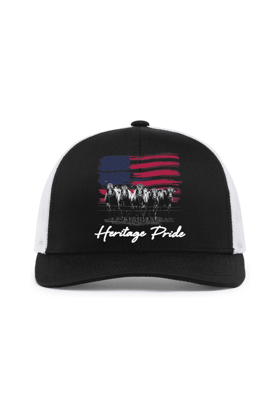 Heritage Pride Men's Embroidered Mesh Back Trucker Hat - American Flag & Angus Cattle Design, Black/White