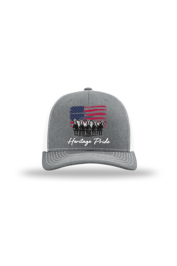 Heritage Pride Men's Embroidered Mesh Back Trucker Hat - American Flag & Angus Cattle Design, Heather Grey/White