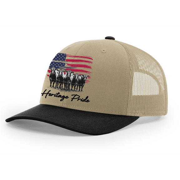 Heritage Pride Men's Embroidered Mesh Back Trucker Hat - American Flag & Angus Cattle Design, Khaki/Black/Khaki