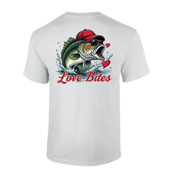 Heritage Pride Men's Funny Valentine's Day Bass Fishing Love Bites Short Sleeve T-Shirt-White-XX-Large