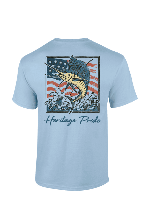 Men's Graphic T-Shirt - American Flag Jumping Sailfish Ocean Background Design-Light Blue-xl