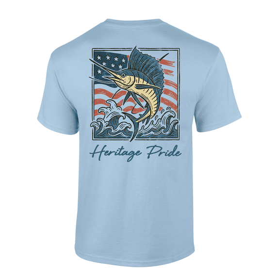 Heritage Pride Men's Graphic T-Shirt - American Flag Jumping Sailfish Ocean Background Design-Light Blue-xxl