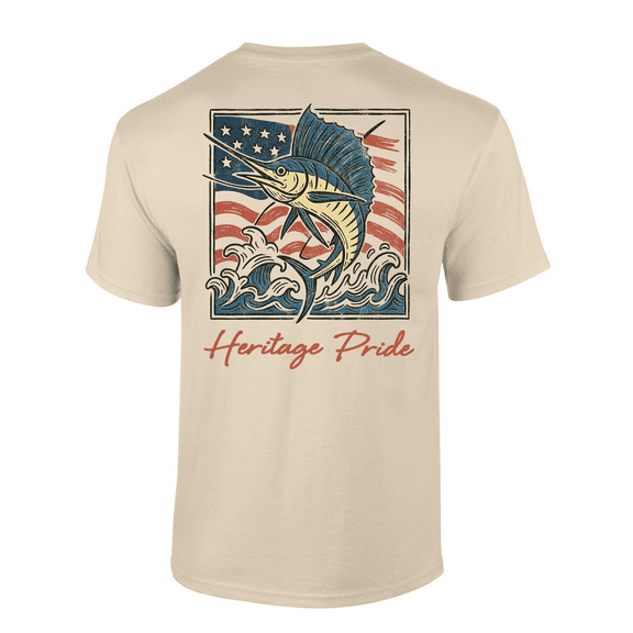Heritage Pride Men's Graphic T-Shirt - American Flag Jumping Sailfish Ocean Background Design-Sand-medium