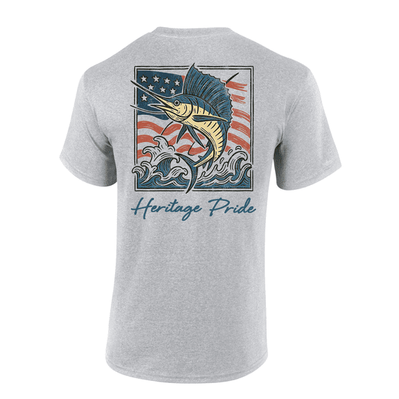 Heritage Pride Men's Graphic T-Shirt - American Flag Jumping Sailfish Ocean Background Design-Sports Grey-small
