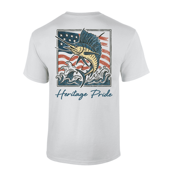 Heritage Pride Men's Graphic T-Shirt - American Flag Jumping Sailfish Ocean Background Design-White-large