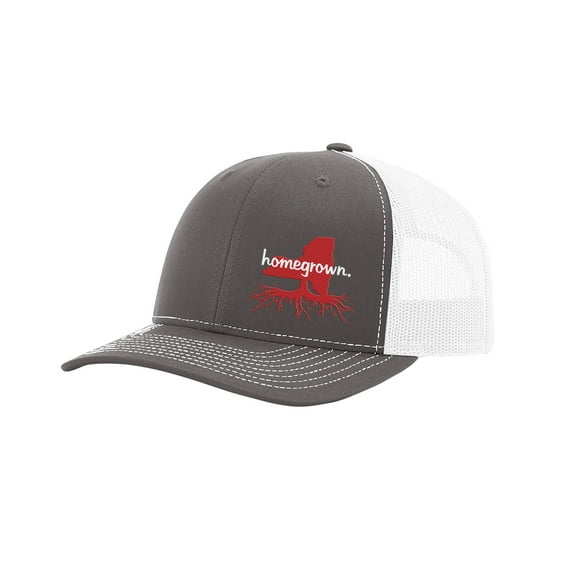 Heritage Pride Men's Homegrown Roots State Pride Embroidered Charcoal With White Mesh Back Trucker Hat-New York