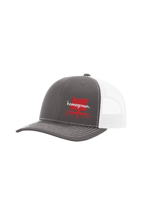 Men's Homegrown Roots State Pride Embroidered Charcoal With White Mesh Back Trucker Hat-Oregon