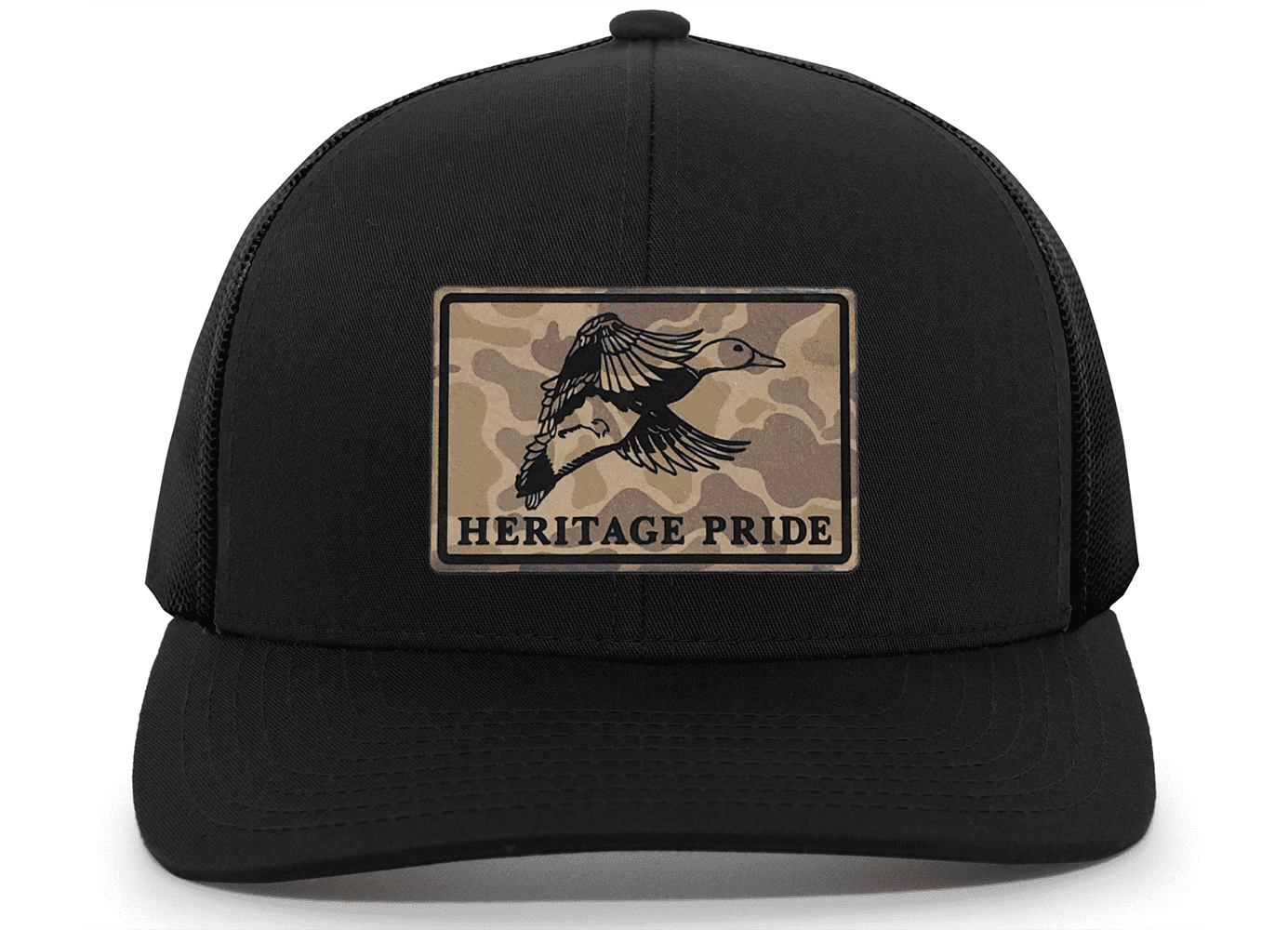 Heritage Pride Men's Hunting Trucker Hat - Flying Mallard Duck Engraved Camo Leather Patch, Mesh Back Design, Black/Black