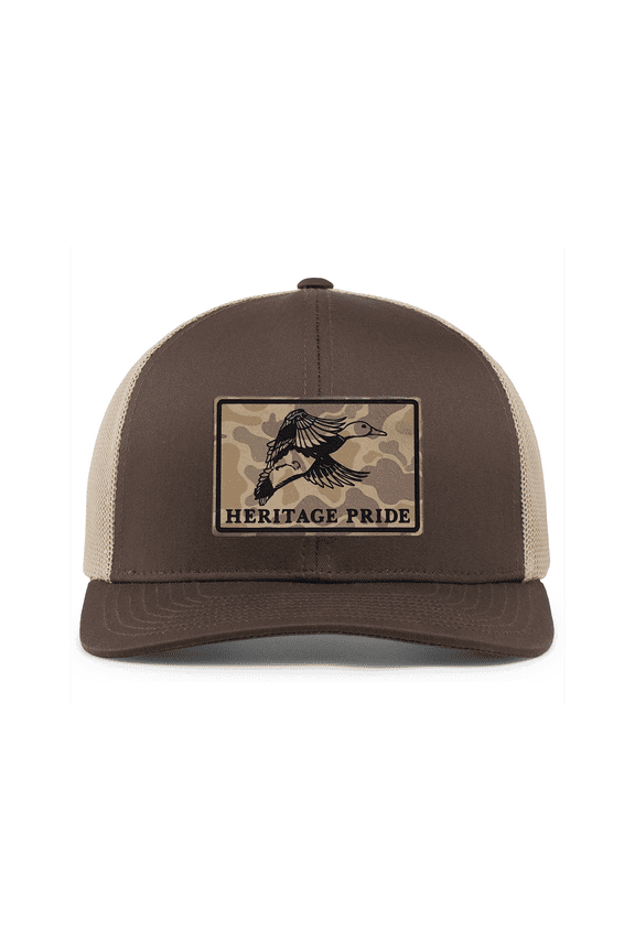 Men's Hunting Trucker Hat - Flying Mallard Duck Engraved Camo Leather Patch, Mesh Back Design, Brown/Khaki