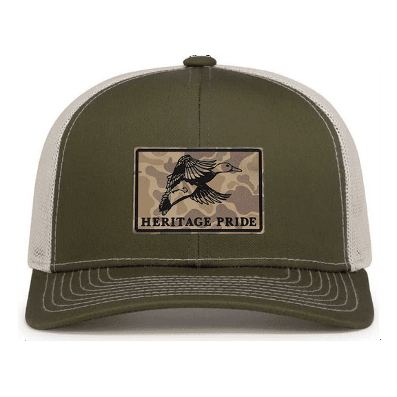 Heritage Pride Men's Hunting Trucker Hat - Flying Mallard Duck Engraved Camo Leather Patch, Mesh Back Design, Moss/Beige