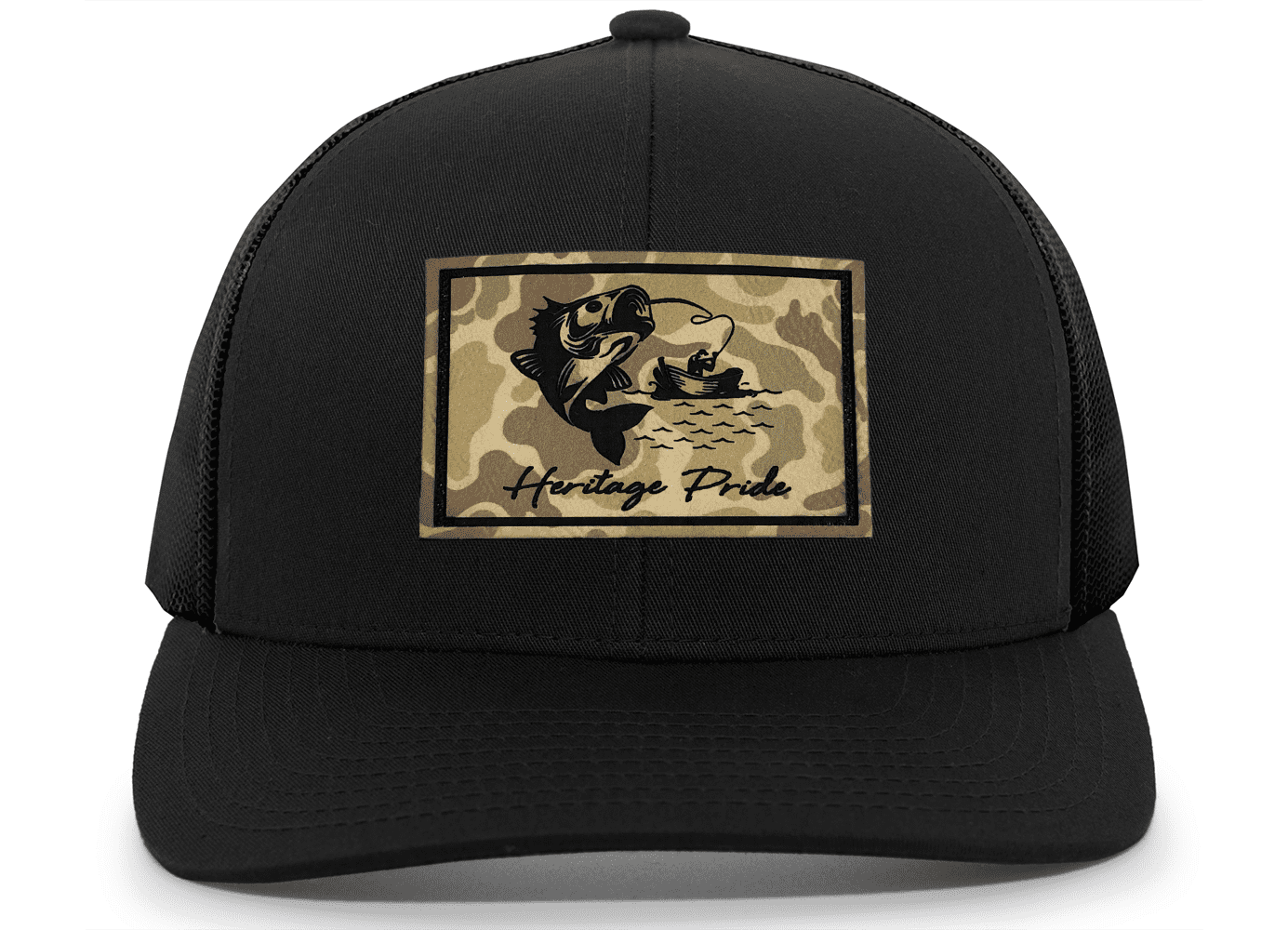 Heritage Pride Men's Hunting Trucker Hat - Hooked Trout Fishing Camo Leather Patch Mesh Back Trucker Hat, Black/Black