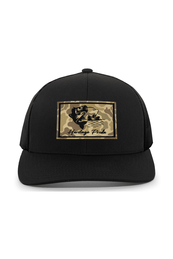 Men's Hunting Trucker Hat - Hooked Trout Fishing Camo Leather Patch Mesh Back Trucker Hat, Black/Black