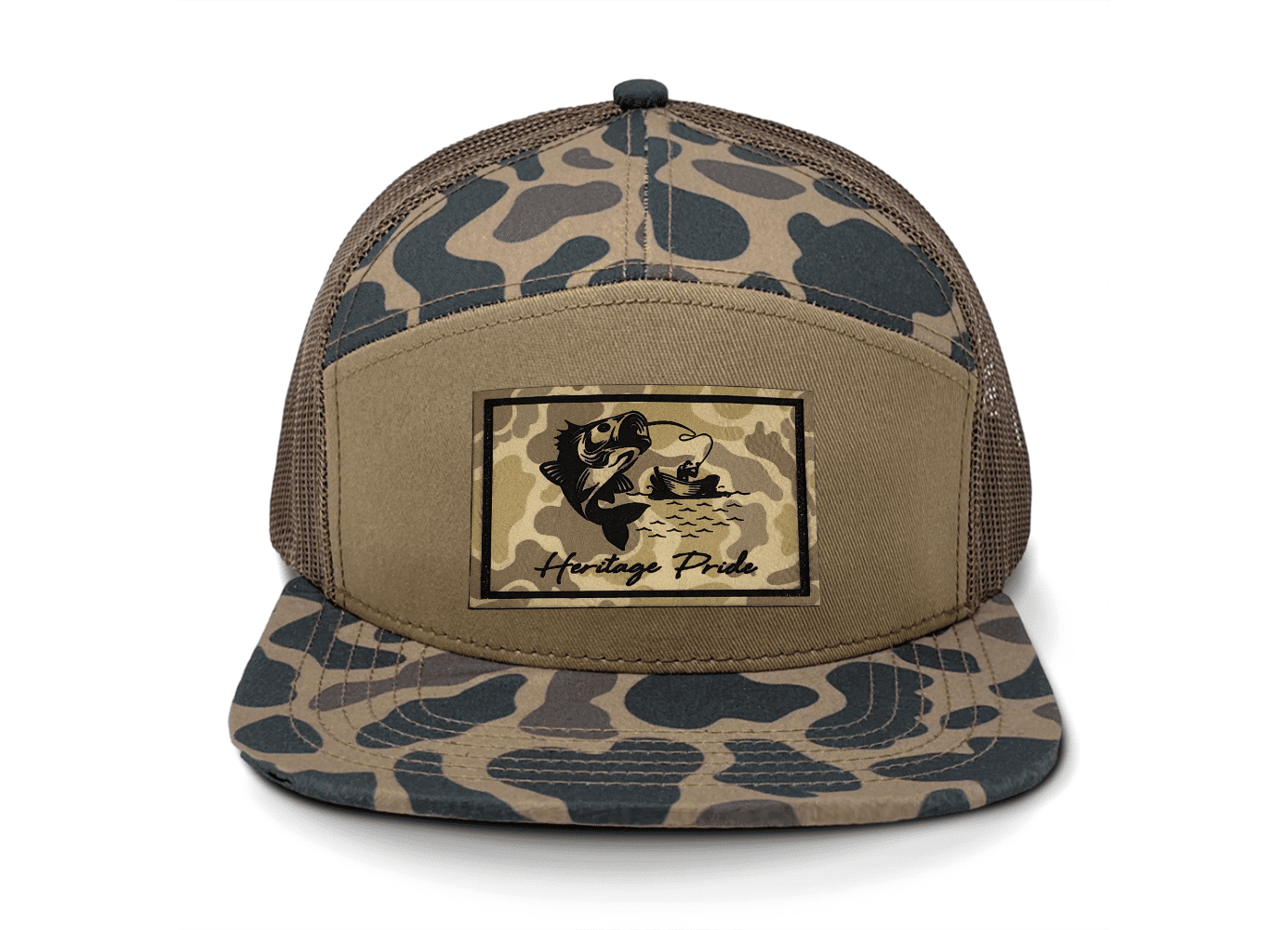 Heritage Pride Men's Hunting Trucker Hat - Hooked Trout Fishing Camo Leather Patch Mesh Back Trucker Hat, Delta/Chocolate