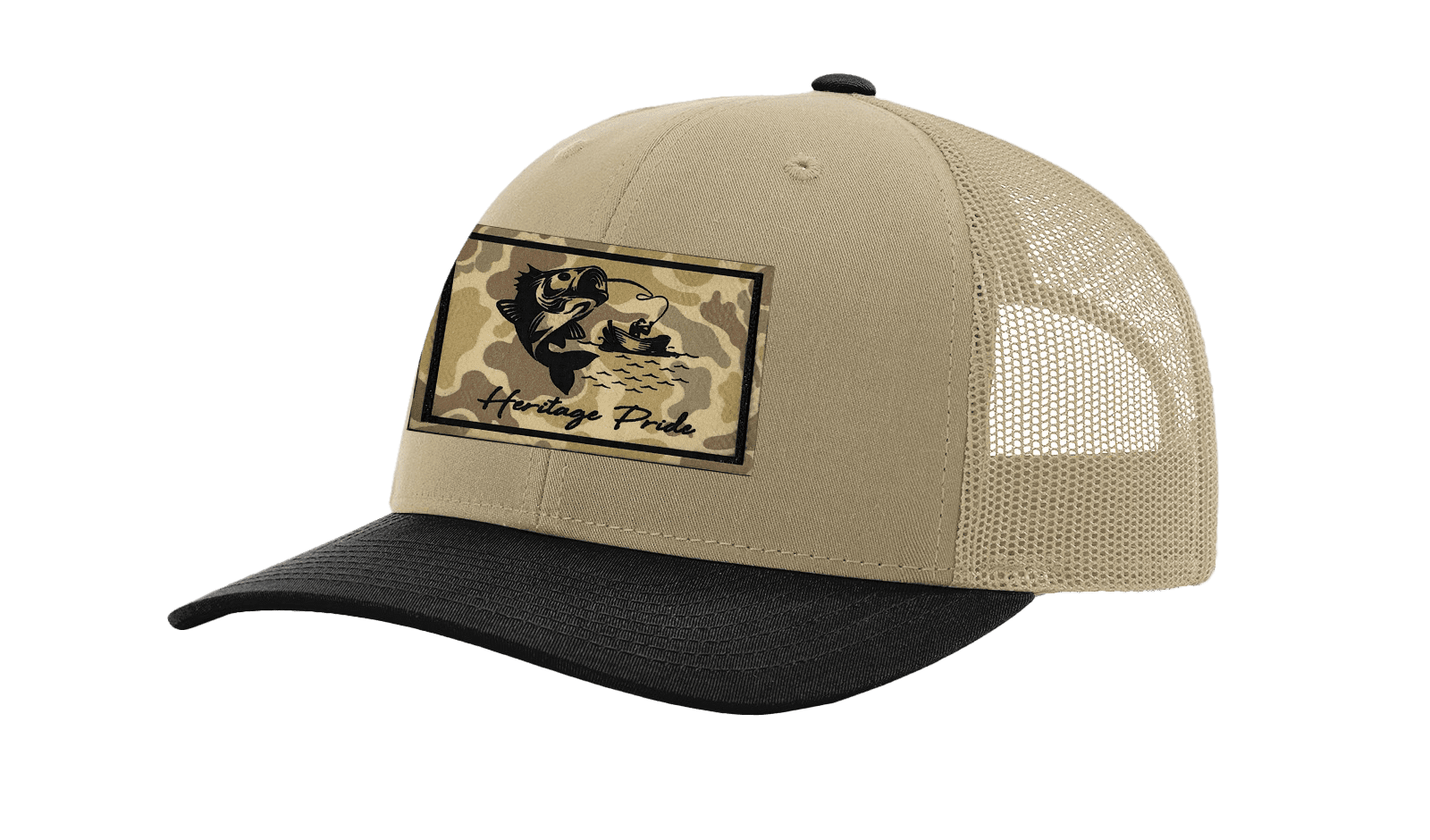 Heritage Pride Men's Hunting Trucker Hat - Hooked Trout Fishing Camo Leather Patch Mesh Back Trucker Hat, Khaki/Black/Khaki