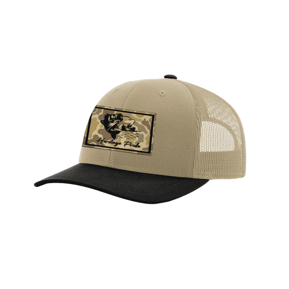 Heritage Pride Men's Hunting Trucker Hat - Hooked Trout Fishing Camo Leather Patch Mesh Back Trucker Hat, Khaki/Black/Khaki
